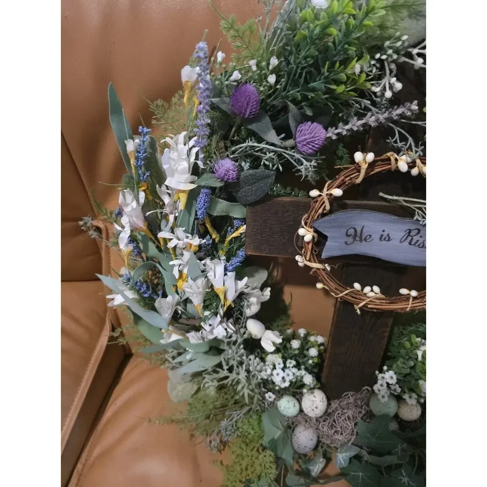 Handmade Easter He Is Risen Wreath Spring Wooden Cross 21